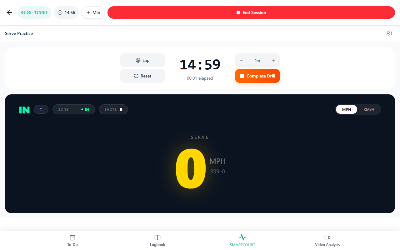 Active drill — timer, metrics, and in-session controls