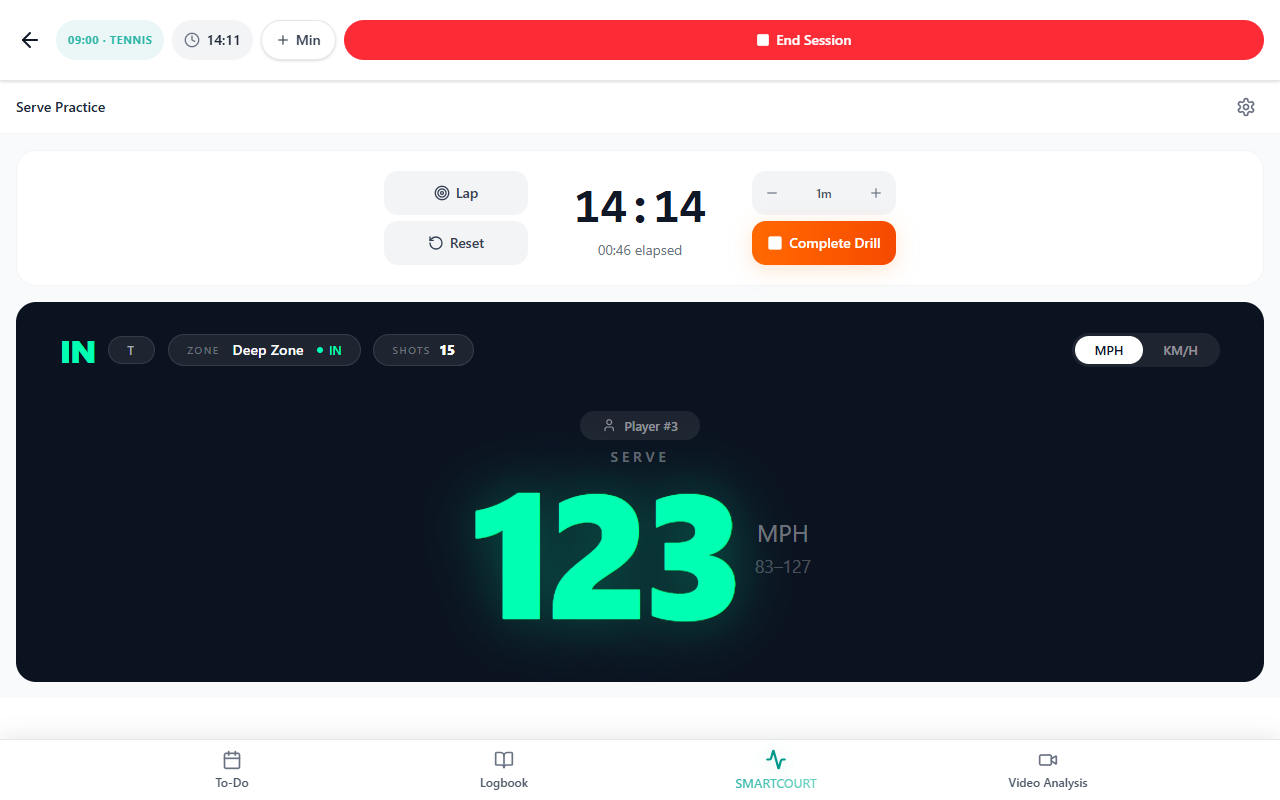 Serve Practice — drill chrome with gear and timer controls