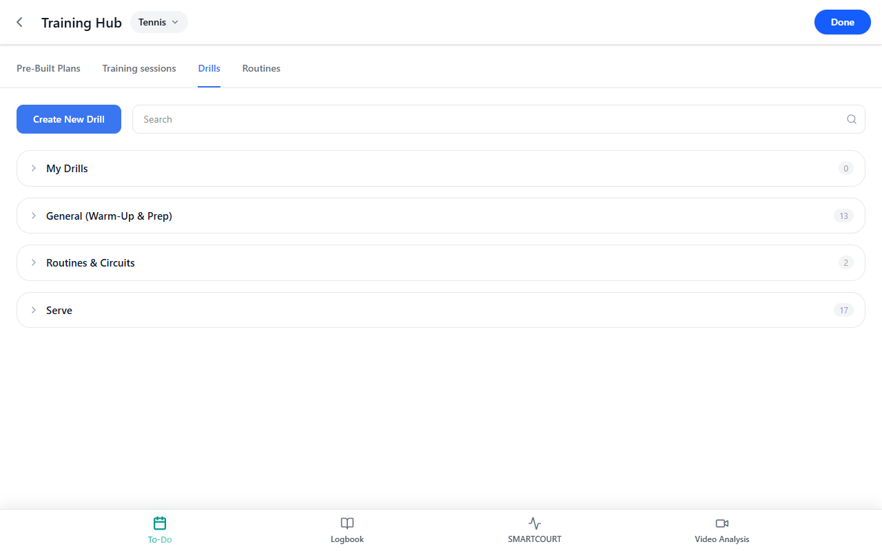 Training Hub — Drills tab with Create New Drill, Search, and category rows