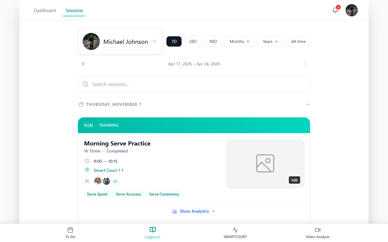 Sessions view with search and training and match history