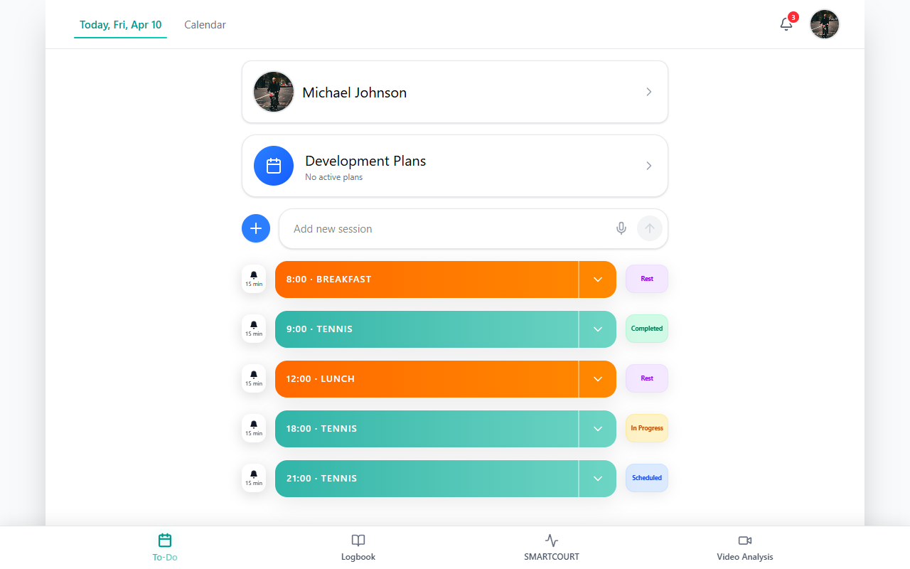 Today overview — main shell with Today / Calendar, timeline, and four areas in the footer