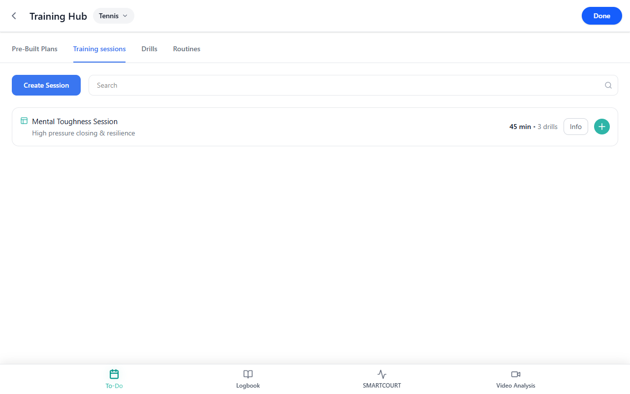 Training Hub — Training sessions tab; Create Session; Search; example row