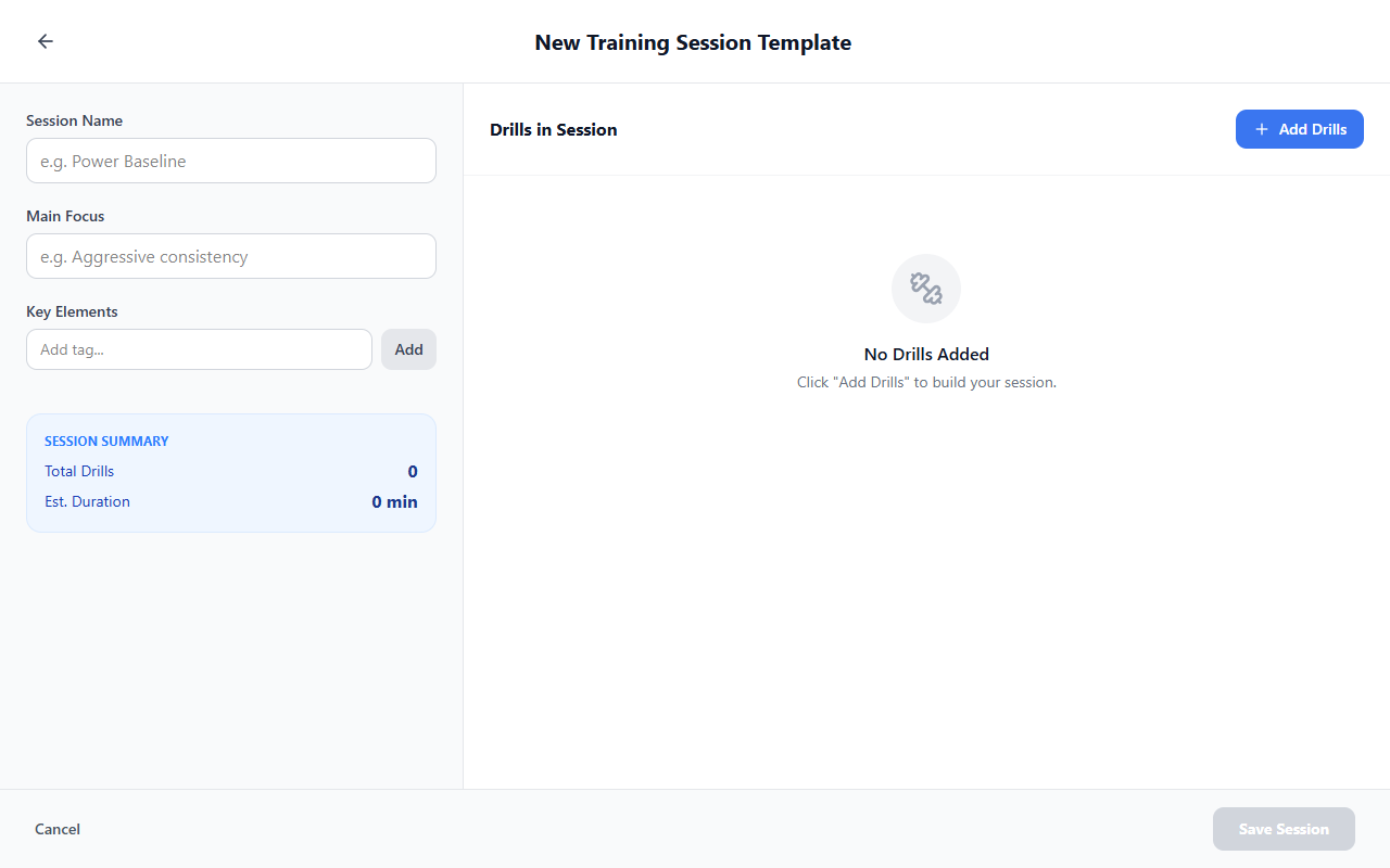 Empty session template editor — name, main focus, and tags before drills