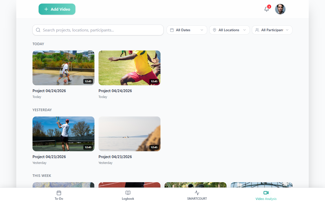 Video Analysis home — projects list, search, and Add Video